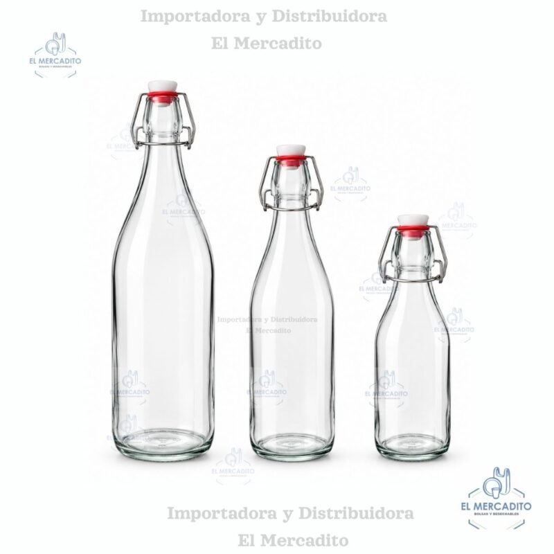 Botellas de vidrio con tapa abatible, con tapon plastico