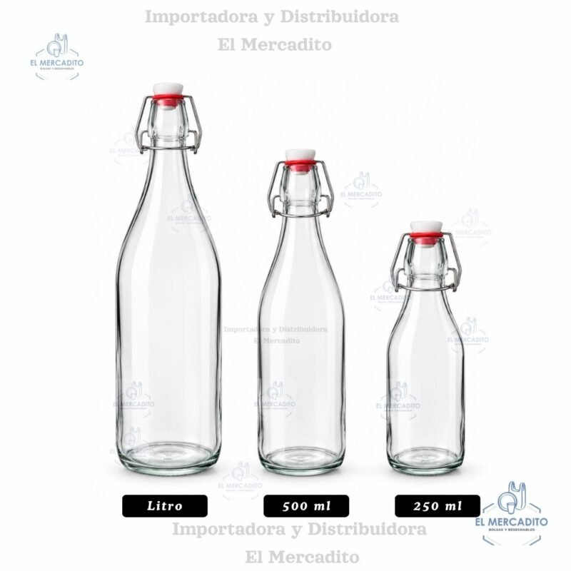 Botellas de vidrio con tapa abatible, con tapon plastico