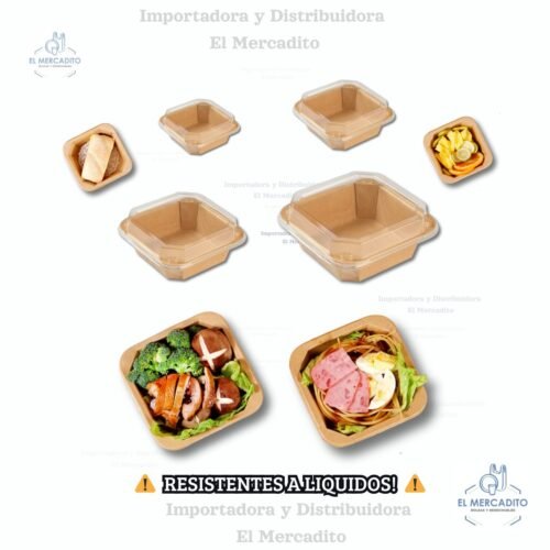 Cartón Bowl Kraft Cuadrado  Con Tapa Transparente en capacidades de 300 ml, 500 ml, 750 ml, 1.000 ml y 1.200 ml