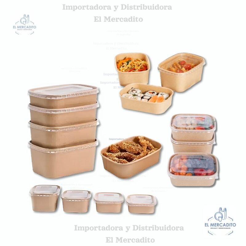 Cartón Bowl Rectargular Kraft Con Tapa Plástica Transparente en capacidades de 550 ml, 650 ml, 850 ml y 1.000 ml