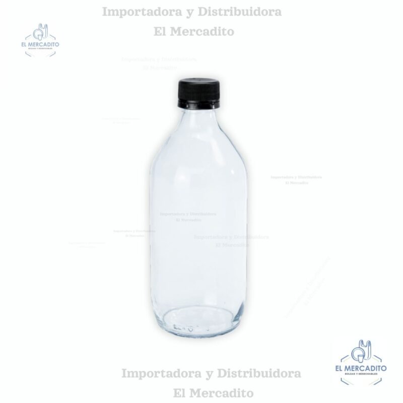 Envase Vidrio Botella 500 ml / 16.90 onzas, Tapa plástica, Rosca, 28 mm, Sello de seguridad