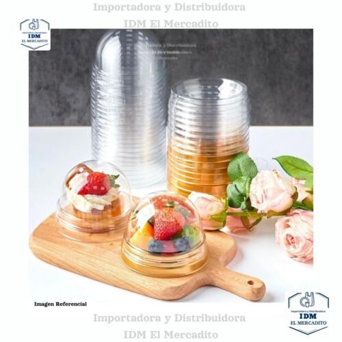 Envase redondo de plástico con diseño moderno y tapa para pasteles, mini domos desechables para empaque de repostería y postres.