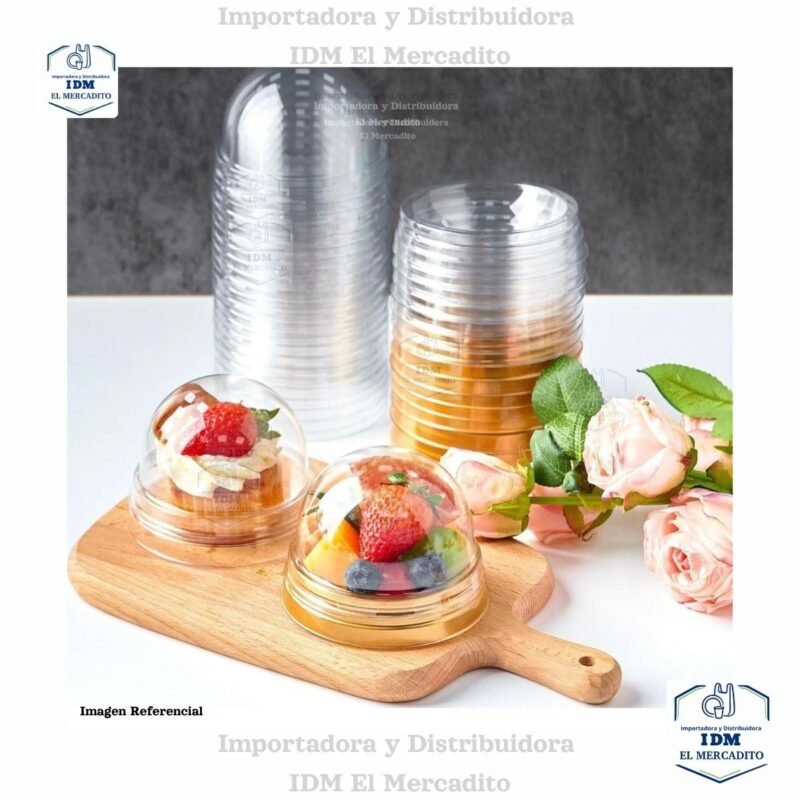Envase redondo de plástico con diseño moderno y tapa para pasteles, mini domos desechables para empaque de repostería y postres.