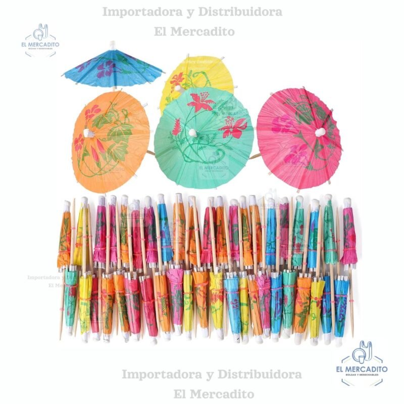 Palillos con Sombria Coloridos de Cóctel, en paquetes de 25 unidades