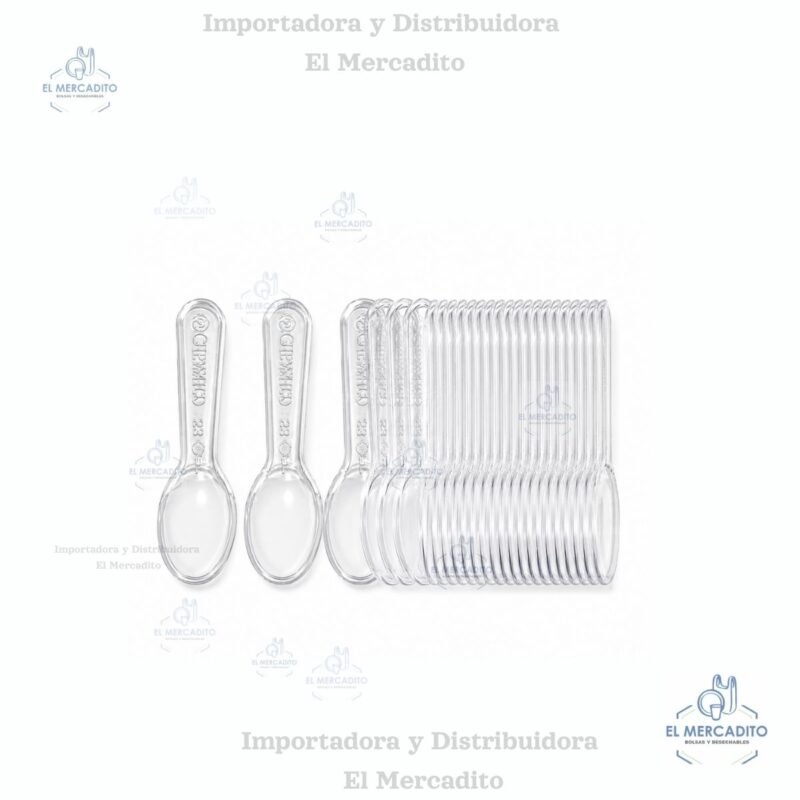 Cuchara plástica transparente, 7.5 cm, en paquetes de 25 unidades.