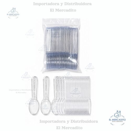 Cuchara plástica transparente, 7.5 cm, en paquetes de 25 unidades.