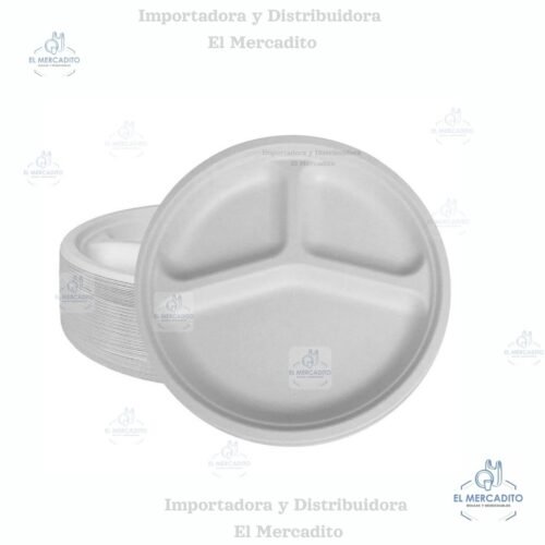 Plato 9 Biodegradable con divisiones Platos Biodegradables #9 en Bagazo de Caña, 25 unidades por paquete