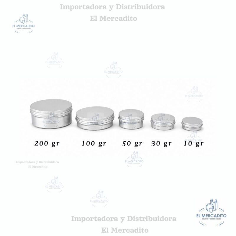 Envase de aluminio cremera 200 gr, 100 gr 50 gr, 30 gr, 10 gr, plateada con tapa de aluminio rosca con liner plateada