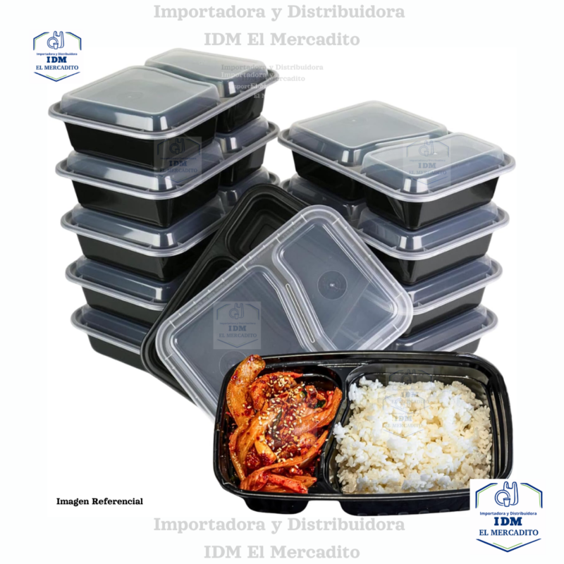Empaque plástico 2 compartimientos 1000 ml estilo bento,  en paquetes de 10 unidades