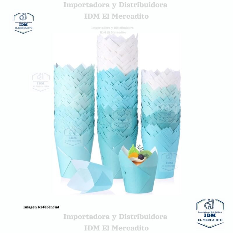 Capsulas de papel para Muffin estilo tulipán, Cupcakes, 50 unidades por paquete aproximadamente, degrado color azul turquesa