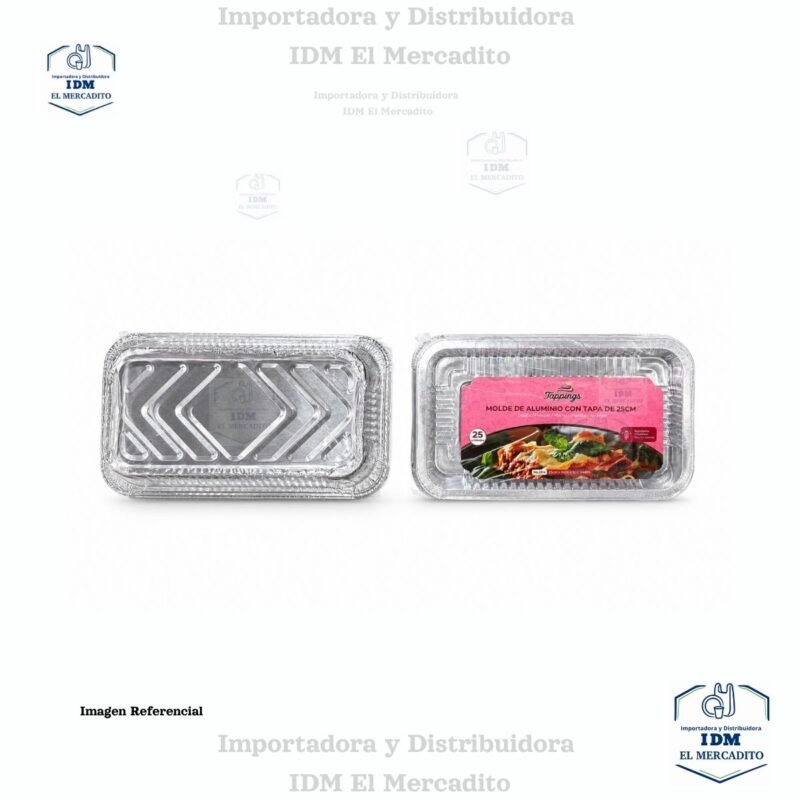 Molde de aluminio 25 x 14 cm de 4 libras, con tapa transparente, en paquetes de 25 unidades, N2514