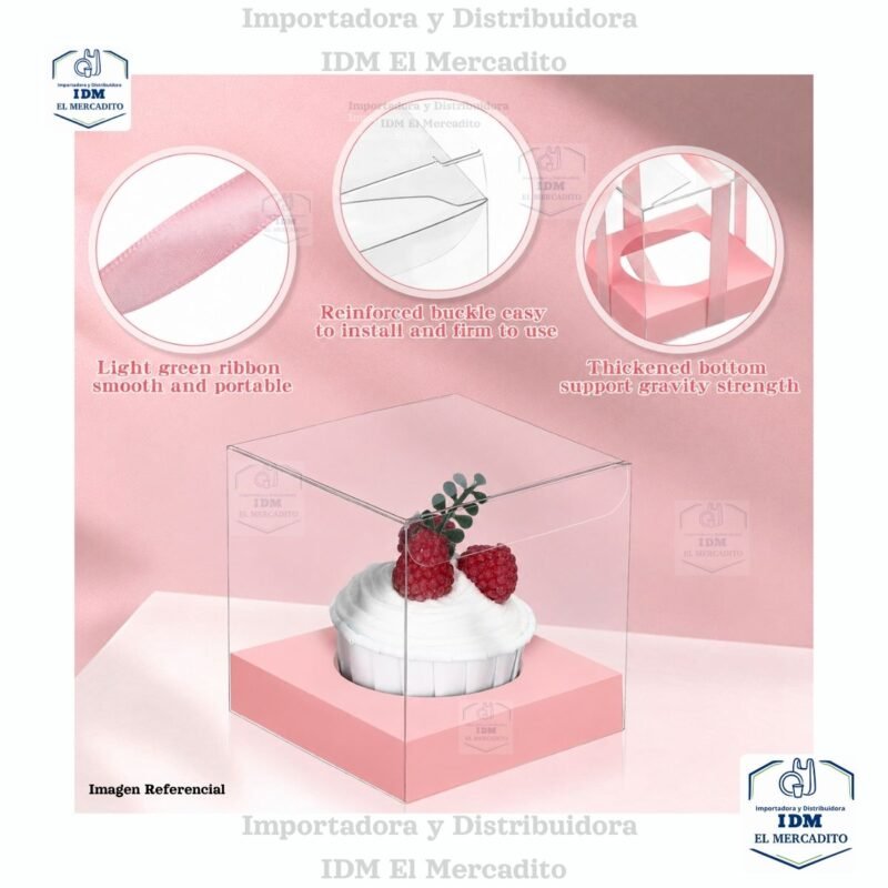 Caja cup cake, para muffins, con caja plastica transparente y bases de color rosa, blanco y dorado 9 x 9 x 9 cm