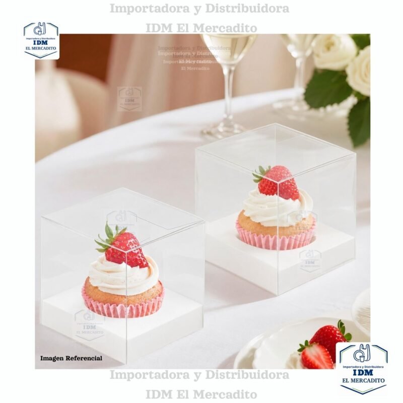 Caja cup cake, para muffins, con caja plastica transparente y bases de color rosa, blanco y dorado 9 x 9 x 9 cm
