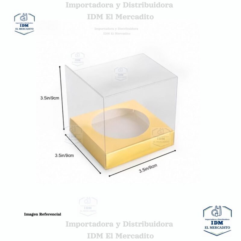 Caja cup cake, para muffins, con caja plastica transparente y bases de color rosa, blanco y dorado 9 x 9 x 9 cm