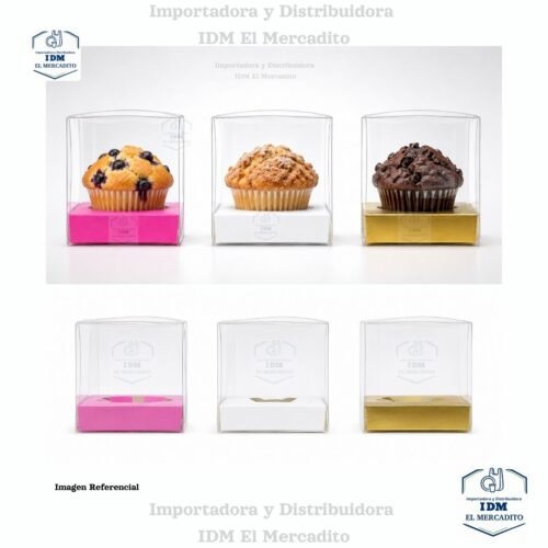 Caja cup cake, para muffins, con caja plastica transparente y bases de color rosa, blanco y dorado 9 x 9 x 9 cm