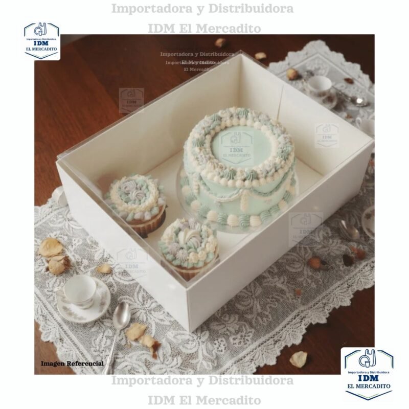 Caja para mini queque y cup cakes, 2 cup cakes + 1 mini queque, con tapa transparente
