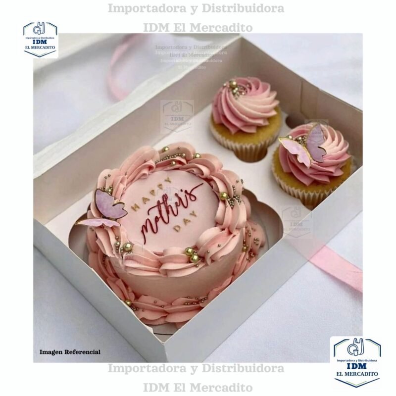 Caja para mini queque y cup cakes, 2 cup cakes + 1 mini queque, con tapa transparente