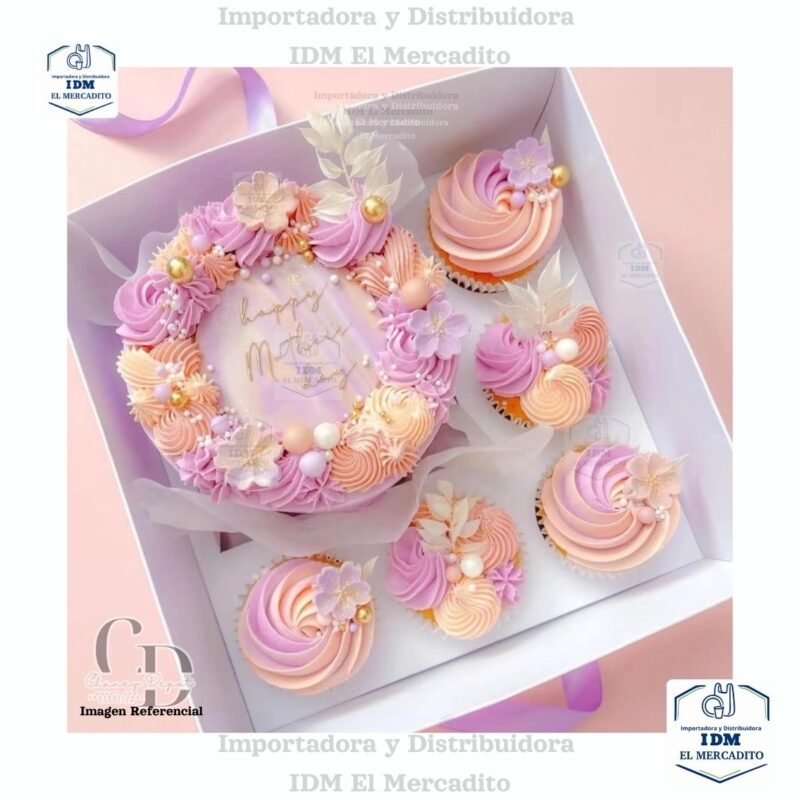 Caja para mini queque y cup cakes, 5 cup cakes + 1 mini queque, con tapa transparente