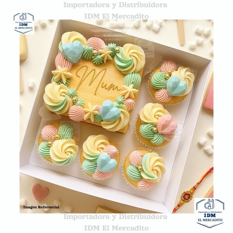 Caja para mini queque y cup cakes, 5 cup cakes + 1 mini queque, con tapa transparente