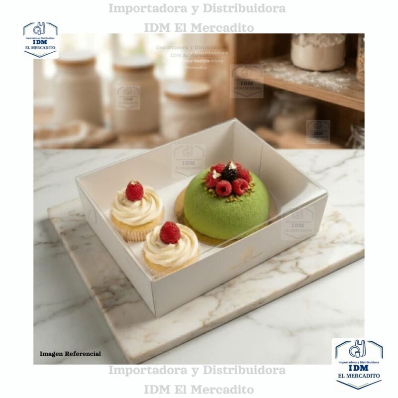 Caja para mini queque y cup cakes, 2 cup cakes + 1 mini queque, con tapa transparente