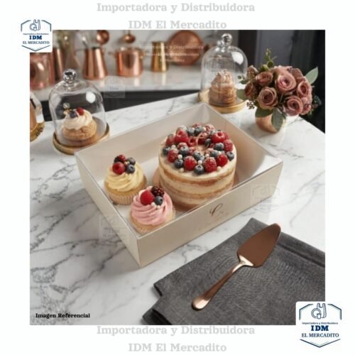 Caja para mini queque y cup cakes, 2 cup cakes + 1 mini queque, con tapa transparente