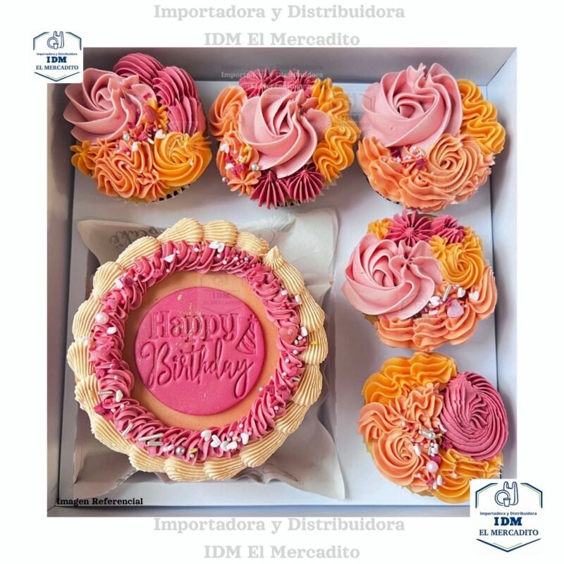 Caja para mini queque y cup cakes, 5 cup cakes + 1 mini queque, con tapa transparente