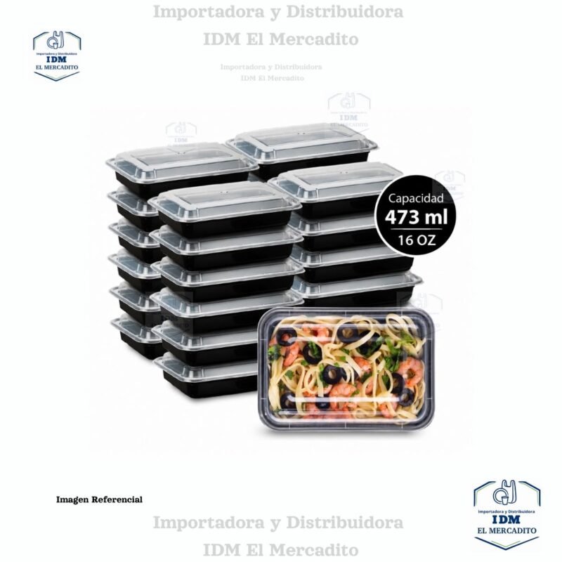 Contenedor Rectangular Negro, 16 oz, en paquetes de 10 unidades
