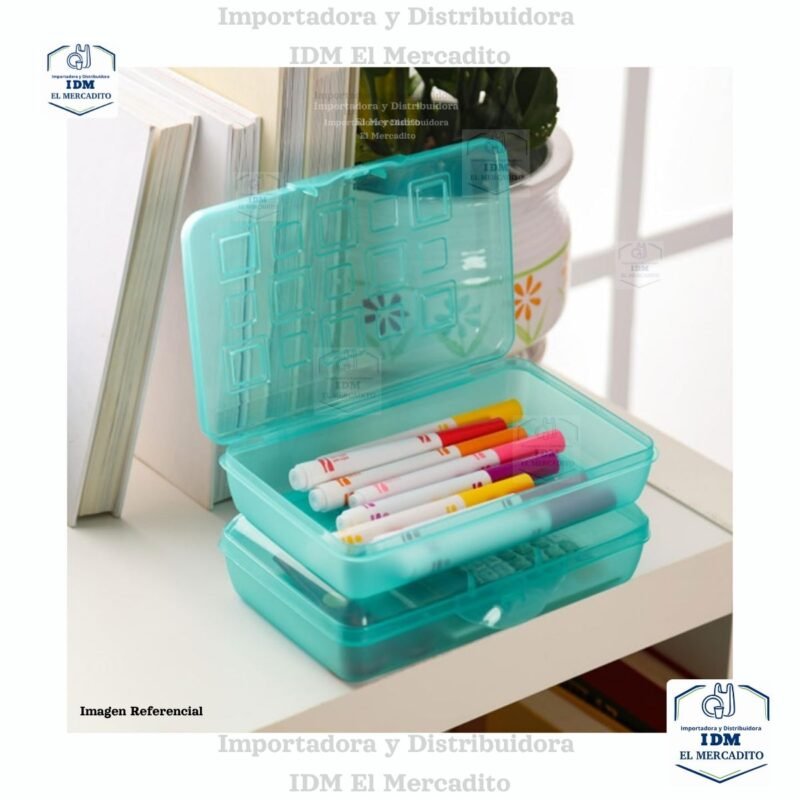 Estuche pequeño de plástico translúcido con tapa para suministros de oficina, soportes para bolígrafos