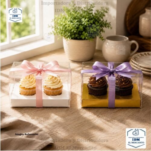 Caja cup cake 2 unidades, para muffins, con caja plastica transparente y bases de color blanco y dorado 18 x 10 x 10 cm