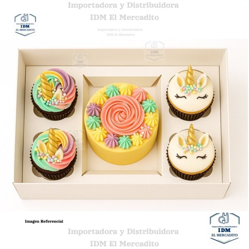 Caja para mini queque y cup cakes, 4 cup cakes + 1 mini queque, con tapa transparente