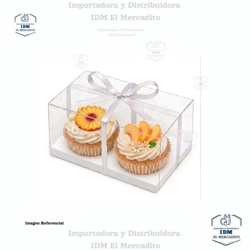 Caja cup cake 2 unidades, para muffins, con caja plastica transparente y bases de color blanco y dorado 18 x 10 x 10 cm