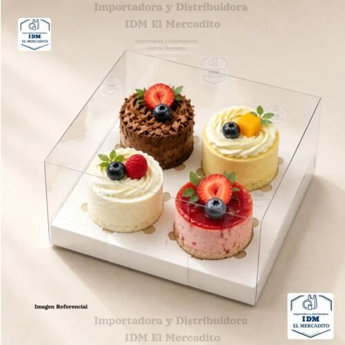 Caja cup cake 4 unidades, para muffins, con caja plastica transparente y bases de color blanco y dorado 18.5 x 18 x 10 cm