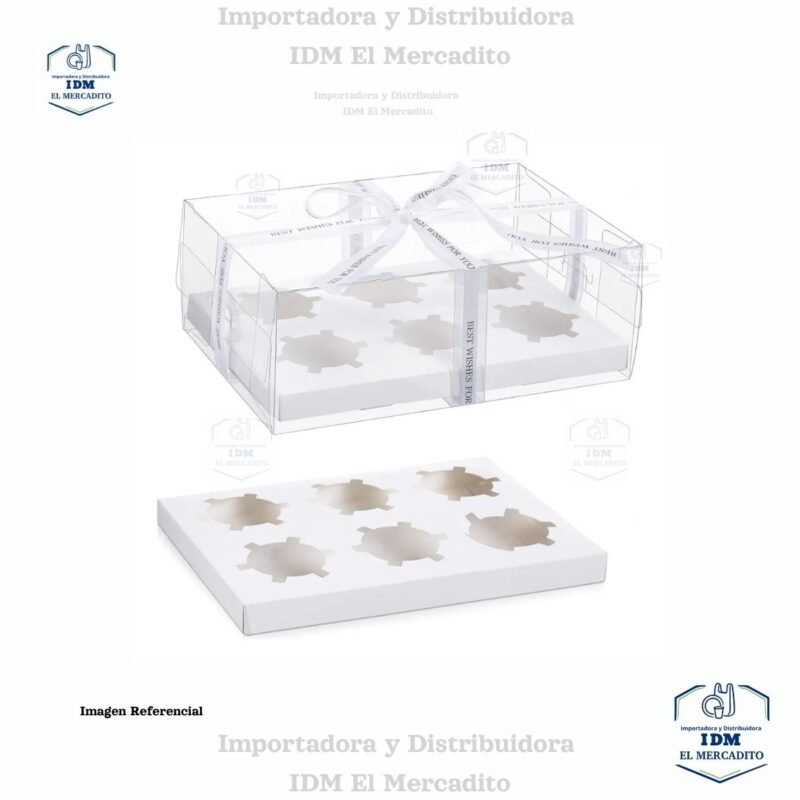 Caja cup cake 6 unidades, para muffins, con caja plastica transparente y bases de color blanco y dorado 27 x 18 x 10 cm