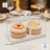 Caja cup cake 2 unidades, para muffins, con caja plastica transparente y bases de color blanco y dorado 18 x 10 x 10 cm