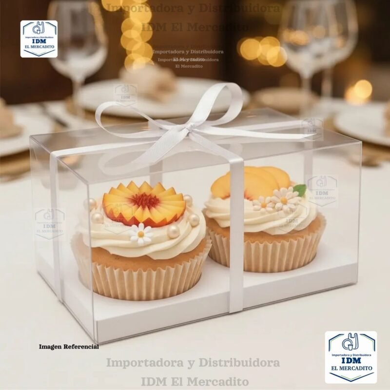 Caja cup cake 2 unidades, para muffins, con caja plastica transparente y bases de color blanco y dorado 18 x 10 x 10 cm