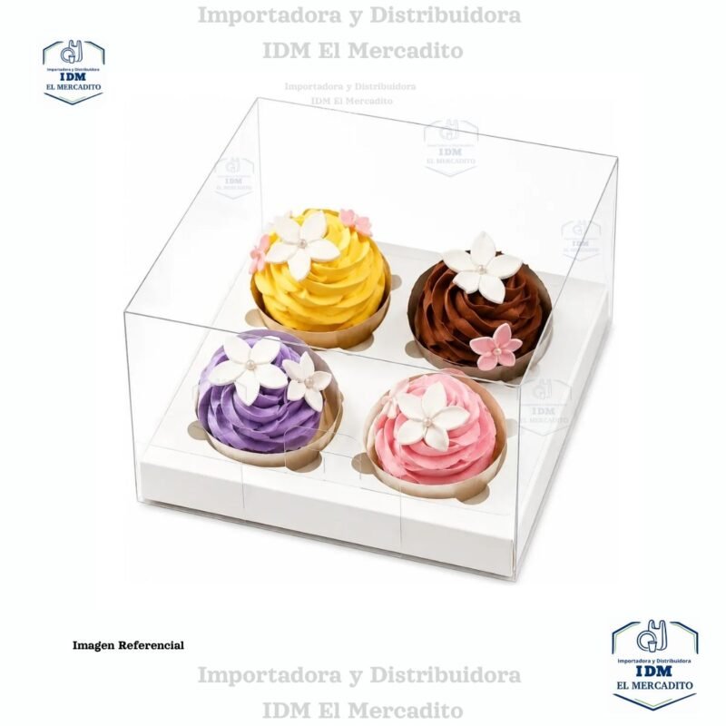 Caja cup cake 4 unidades, para muffins, con caja plastica transparente y bases de color blanco y dorado 18.5 x 18 x 10 cm