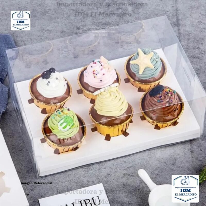 Caja cup cake 6 unidades, para muffins, con caja plastica transparente y bases de color blanco y dorado 27 x 18 x 10 cm