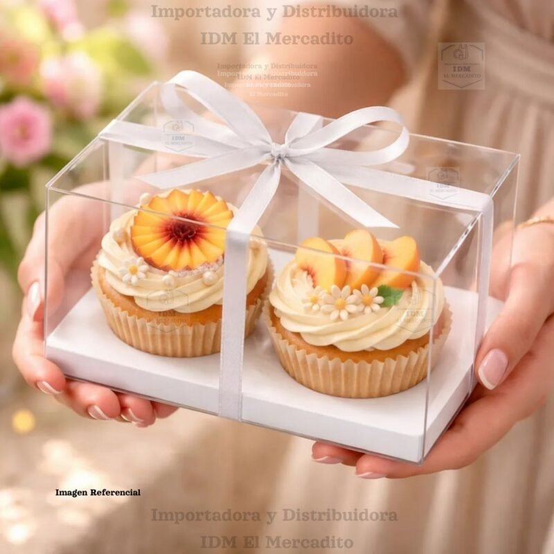 Caja cup cake 2 unidades, para muffins, con caja plastica transparente y bases de color blanco y dorado 18 x 10 x 10 cm