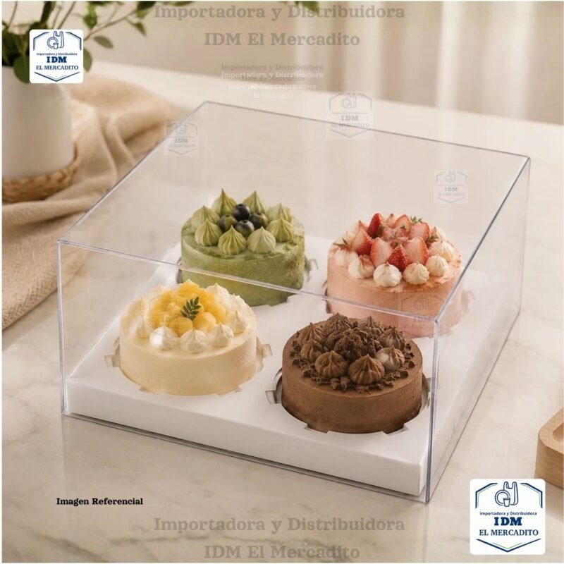 Caja cup cake 4 unidades, para muffins, con caja plastica transparente y bases de color blanco y dorado 18.5 x 18 x 10 cm