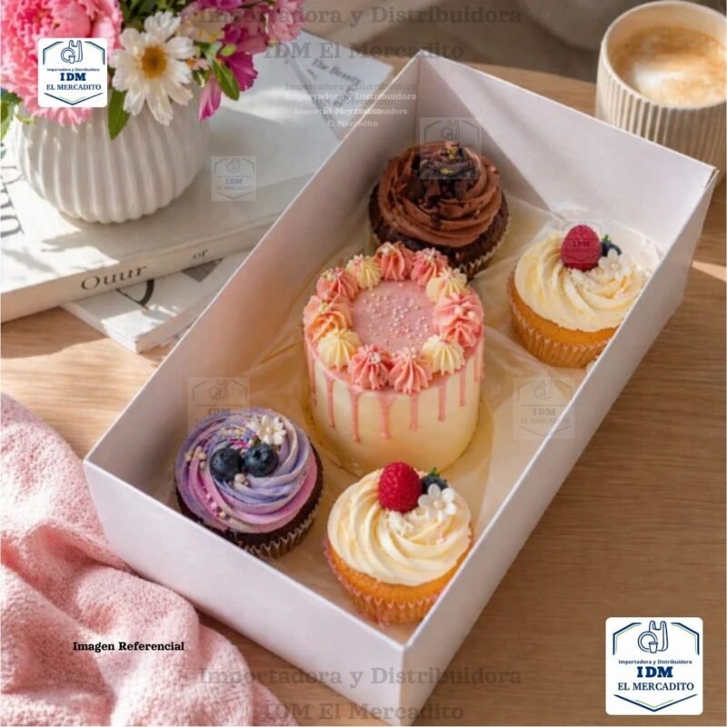 Caja para mini queque y cup cakes, 4 cup cakes + 1 mini queque, con tapa transparente