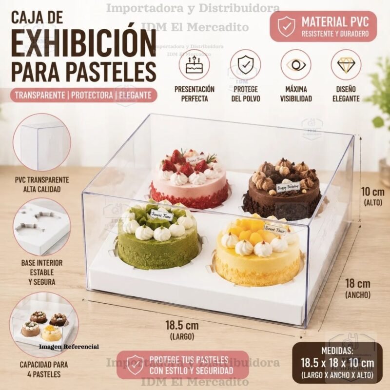 Caja cup cake 4 unidades, para muffins, con caja plastica transparente y bases de color blanco y dorado 18.5 x 18 x 10 cm