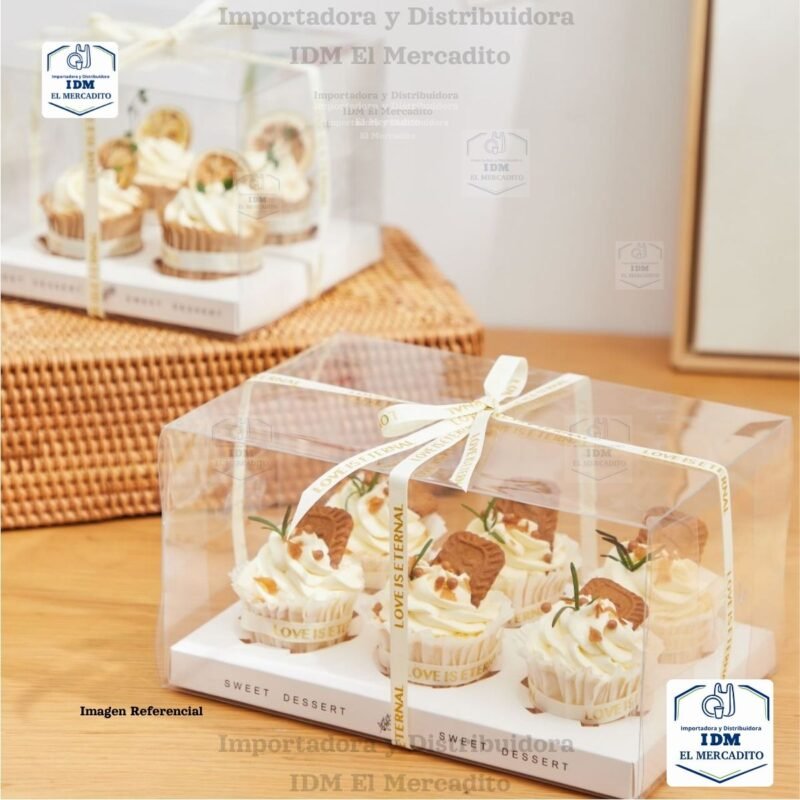 Caja cup cake 6 unidades, para muffins, con caja plastica transparente y bases de color blanco y dorado 27 x 18 x 10 cm