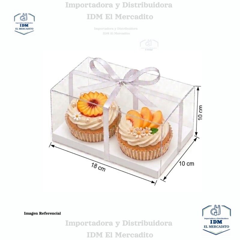 Caja cup cake 2 unidades, para muffins, con caja plastica transparente y bases de color blanco y dorado 18 x 10 x 10 cm