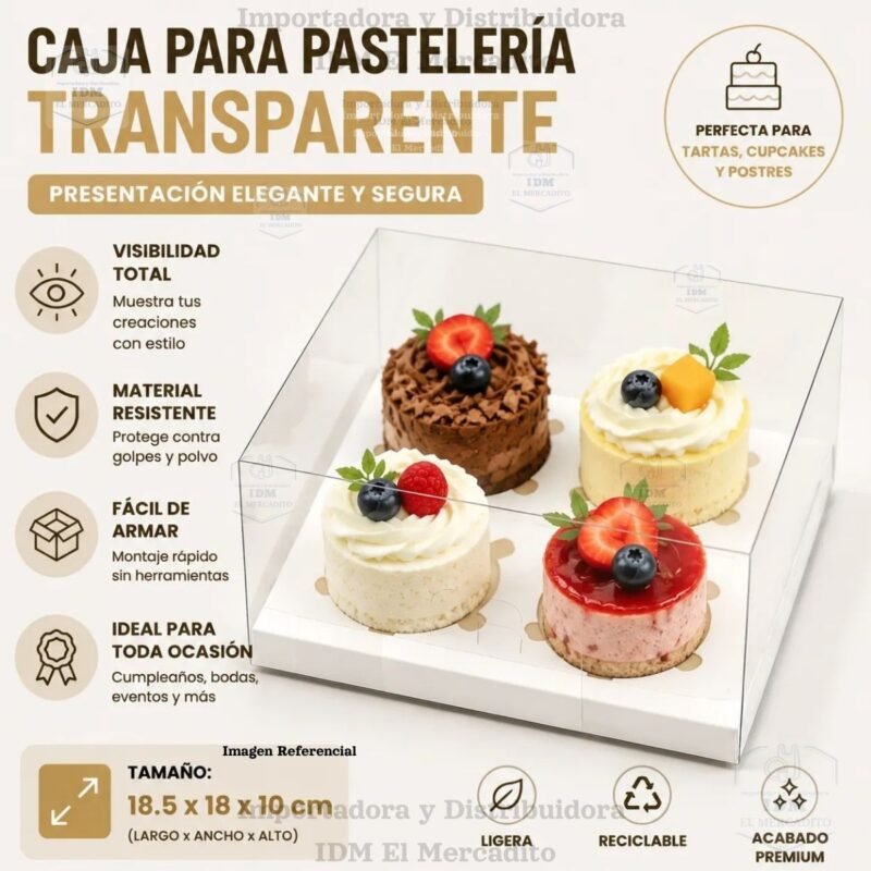 Caja cup cake 4 unidades, para muffins, con caja plastica transparente y bases de color blanco y dorado 18.5 x 18 x 10 cm