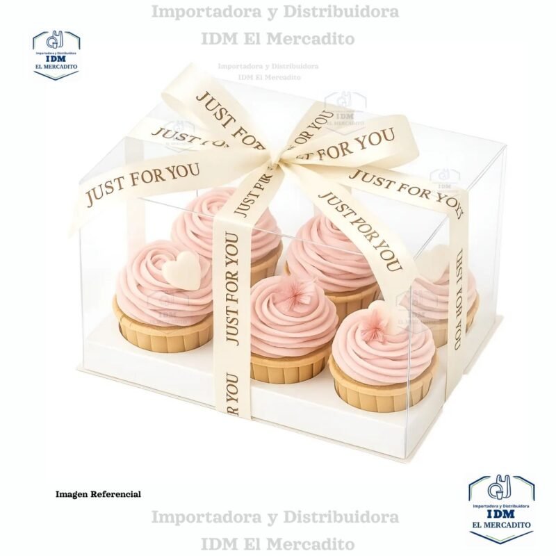 Caja cup cake 6 unidades, para muffins, con caja plastica transparente y bases de color blanco y dorado 27 x 18 x 10 cm