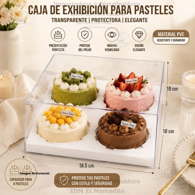 Caja cup cake 4 unidades, para muffins, con caja plastica transparente y bases de color blanco y dorado 18.5 x 18 x 10 cm