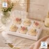 Caja cup cake 6 unidades, para muffins, con caja plastica transparente y bases de color blanco y dorado 27 x 18 x 10 cm