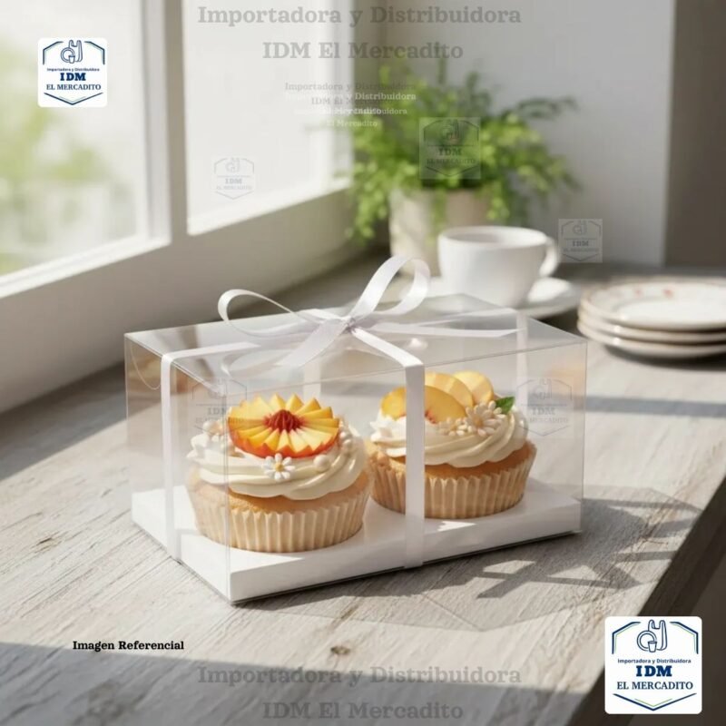 Caja cup cake 2 unidades, para muffins, con caja plastica transparente y bases de color blanco y dorado 18 x 10 x 10 cm
