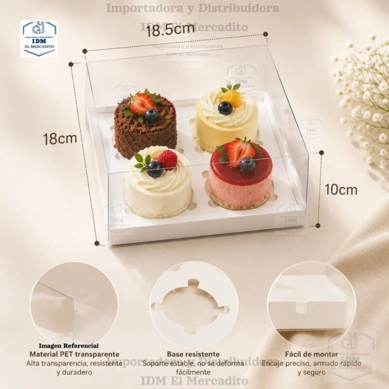 Caja cup cake 4 unidades, para muffins, con caja plastica transparente y bases de color blanco y dorado 18.5 x 18 x 10 cm