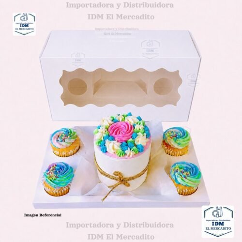 Caja para mini queque y cup cakes, 4 cup cakes + 1 mini queque, con tapa transparente